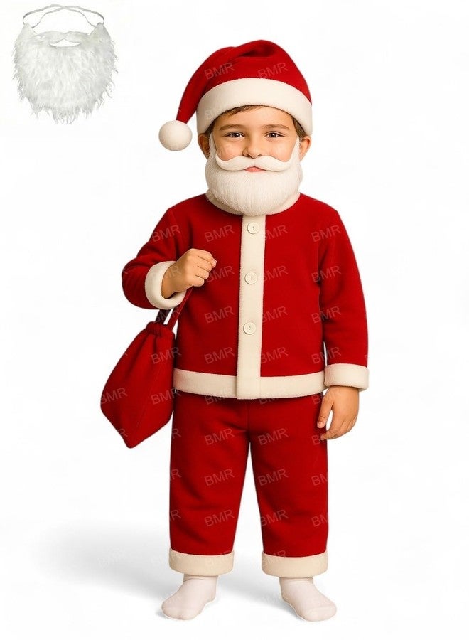 SKYWARE Santa Claus Dress For Kids 3-5 Years Boy Girl 5Pc Set with Beard Shirt Pant Hat Goodie Bag Warm Fleece Christmas Fancy Dress Competition Costume School Function Xmas Gift Suit Prop Red - Image 1